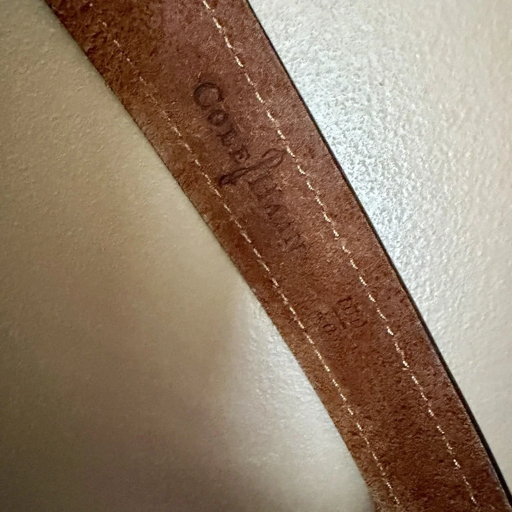 Cole Haan Belt Mens 40 Cognac Brown Leather Contrast Stitching Silver Buckle